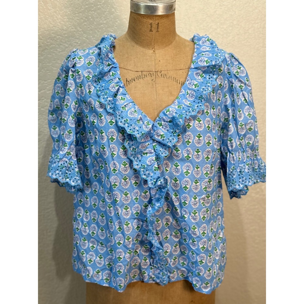 JCrew Womens Blue Floral Ruffle Eyelet V-Neck Cotton Blouse Top Large J52